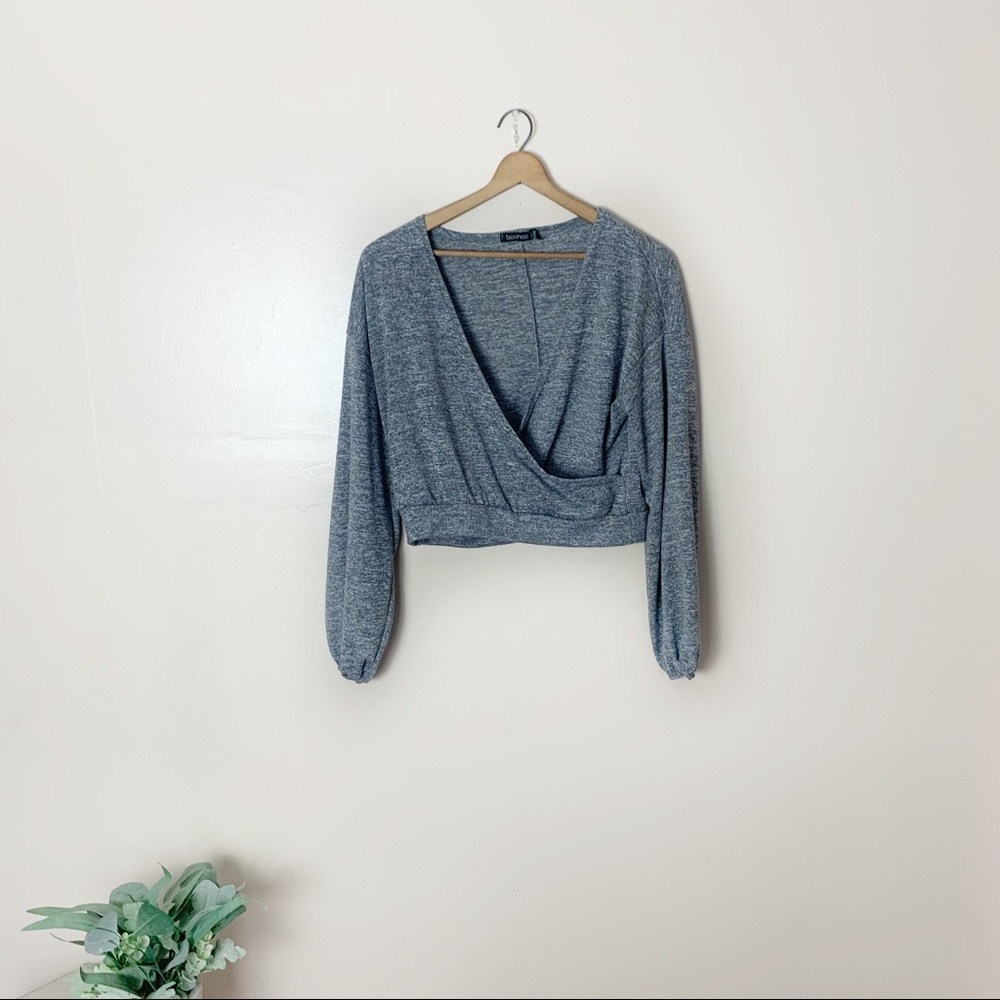 [Boohoo] Heather Gray Crossover Long Sleeve Cropped Top